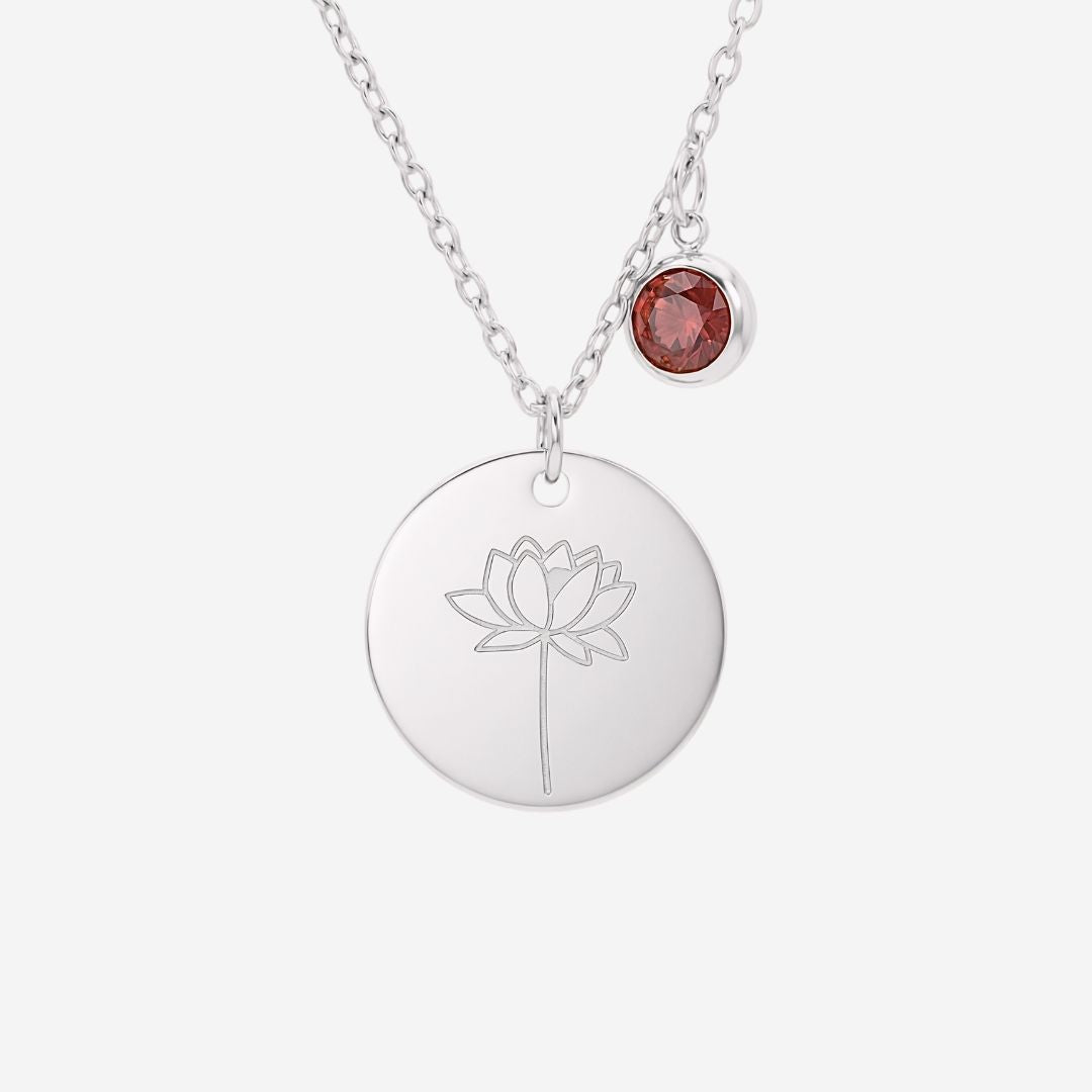 July Birth Flower with Birth Stone Engravable Pendant Chain Necklace