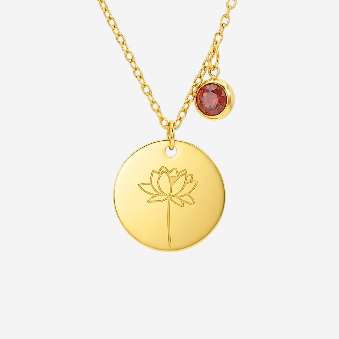 July Birth Flower with Birth Stone Engravable Pendant Chain Necklace