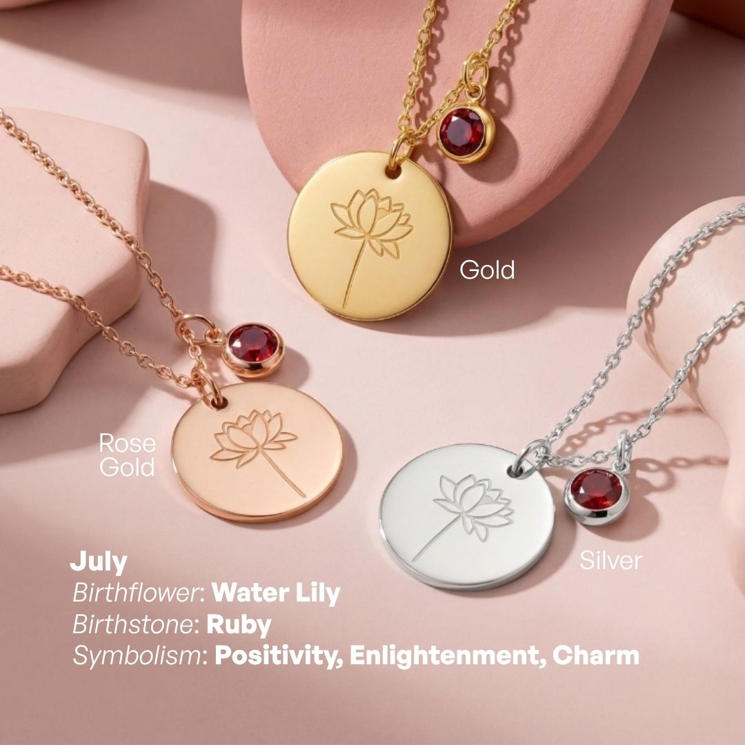 Birth Month Flower and Birth Stone Engravable Pendant Chain Necklace