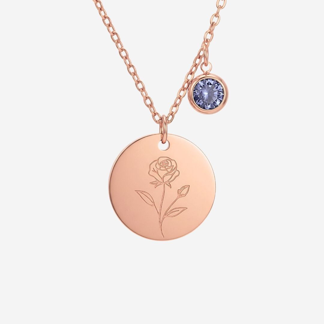 June Birth Flower with Birth Stone Engravable Pendant Chain Necklace