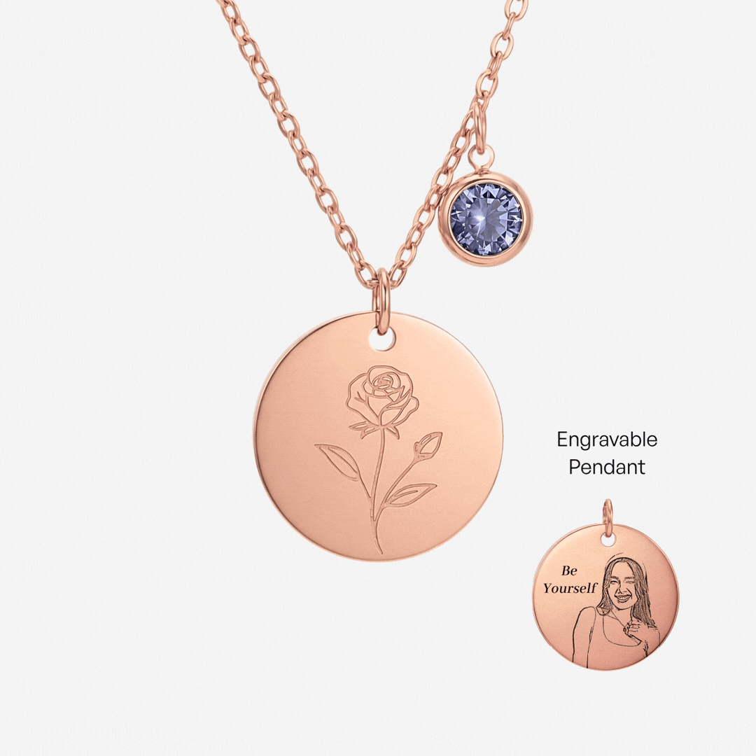 June Birth Flower with Birth Stone Engravable Pendant Chain Necklace