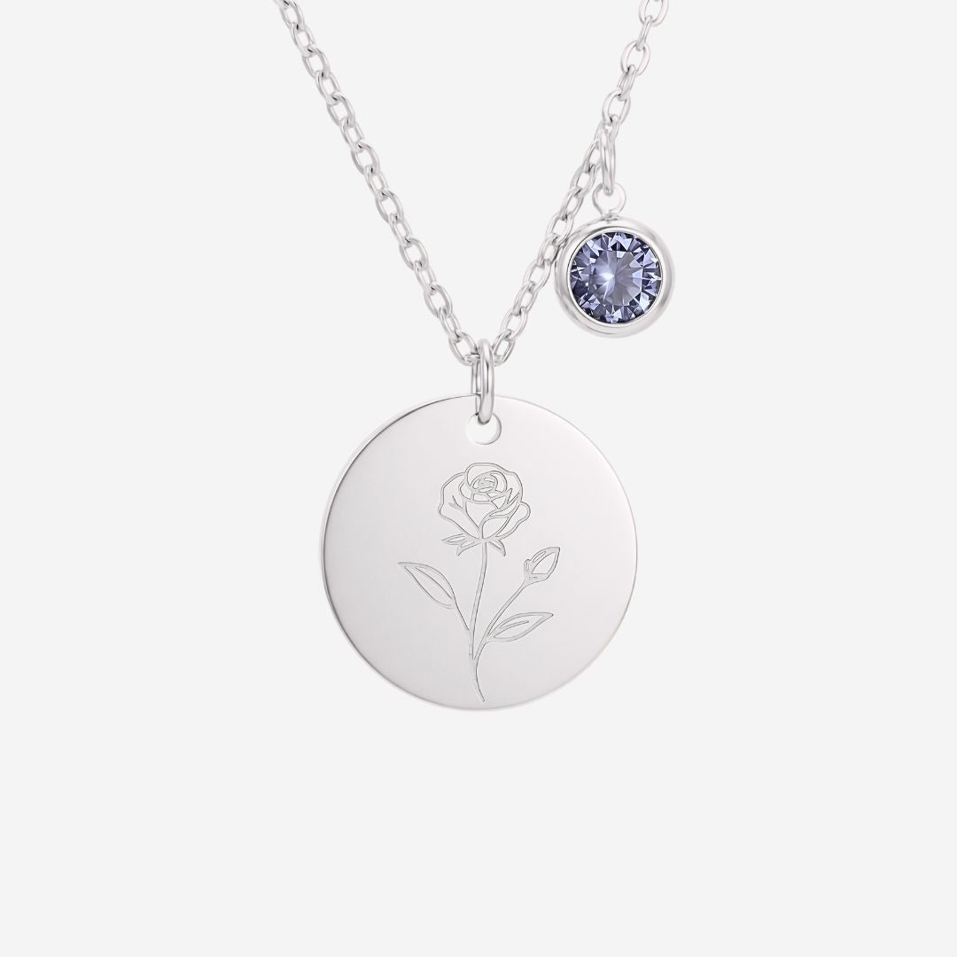 June Birth Flower with Birth Stone Engravable Pendant Chain Necklace