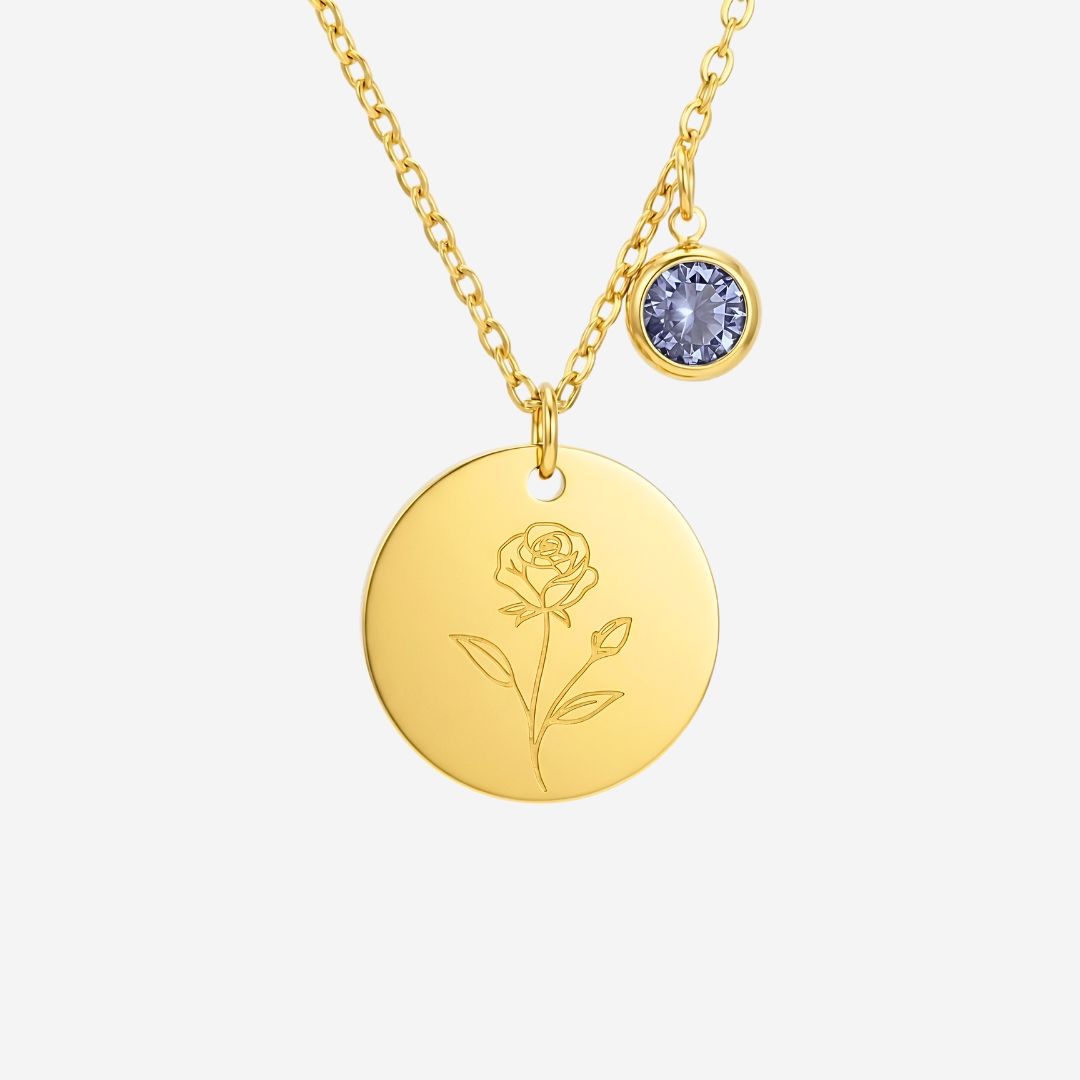 June Birth Flower with Birth Stone Engravable Pendant Chain Necklace