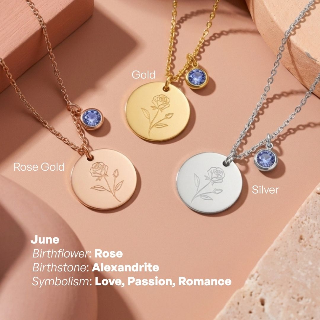 Birth Month Flower and Birth Stone Engravable Pendant Chain Necklace