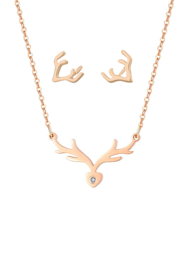 Christmas Reindeer Necklace with 0.005 carat Diamond with Reindeer Earrings in Rose Gold Set
