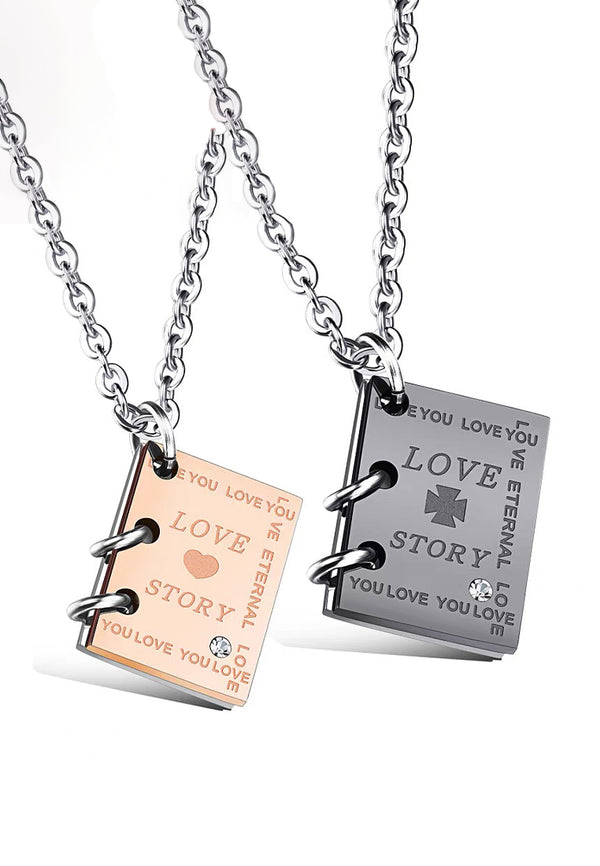 Love Story Book Pendant Chain Necklace Couple Set
