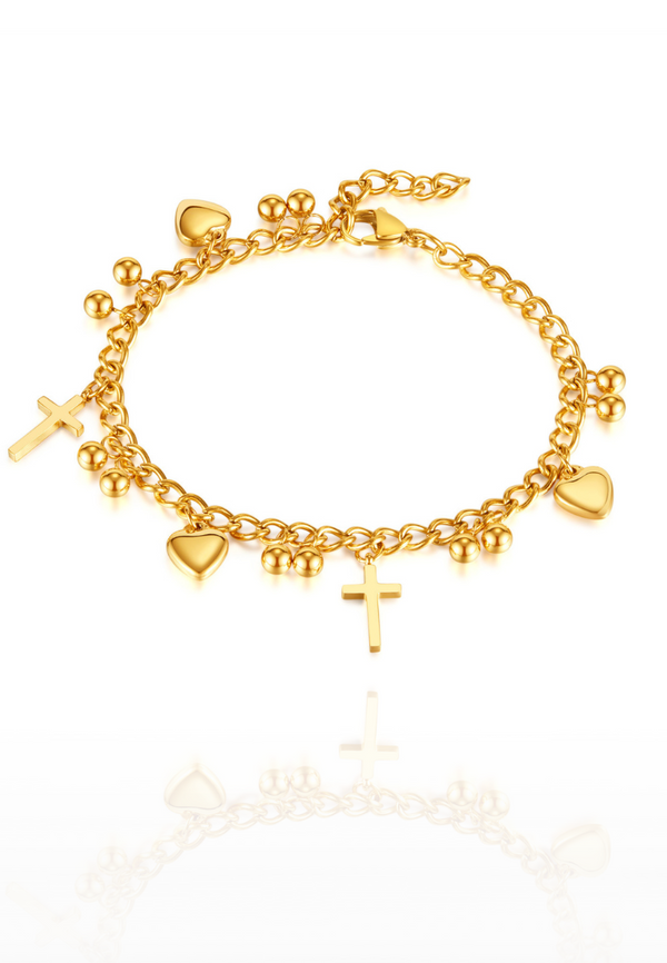 Lucy Love Heart & Cross Engravable Multi-Layer Pendant Titanium Gold Chain Anklet