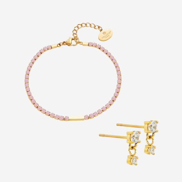 Maison Sparkling Pink Cubic Zirconia Tennis Bracelet with Lyra Twin Drop Stud Earrings Set