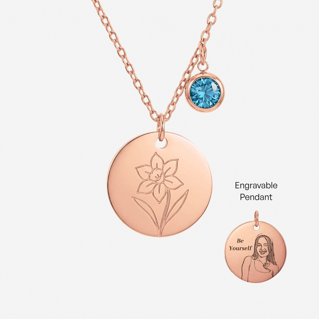 March Birth Flower with Birth Stone Engravable Pendant Chain Necklace