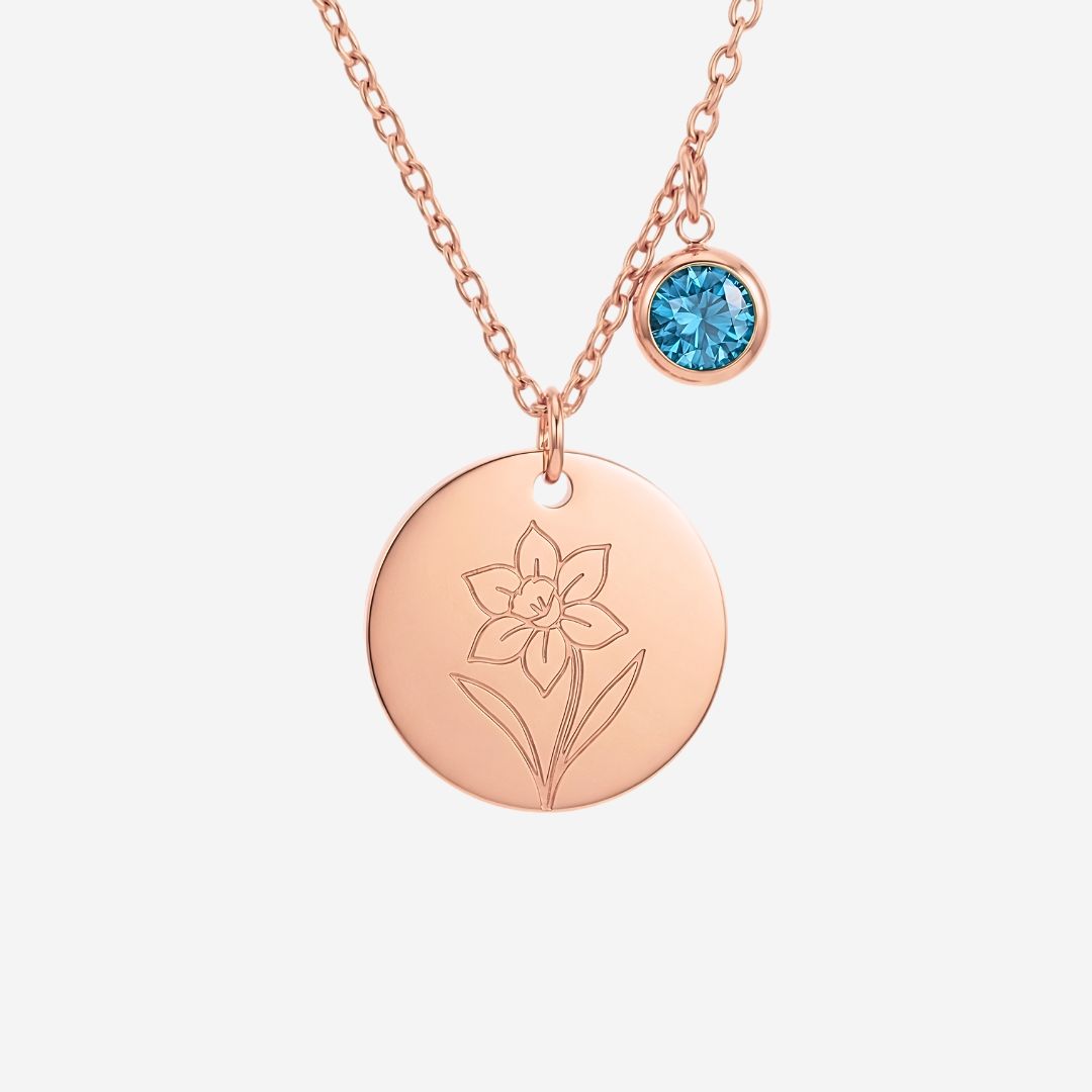 March Birth Flower with Birth Stone Engravable Pendant Chain Necklace