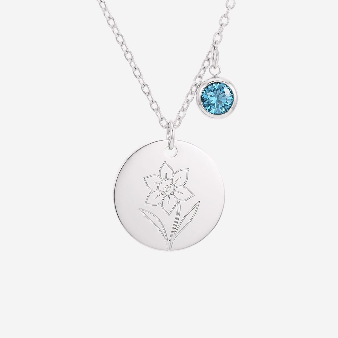 March Birth Flower with Birth Stone Engravable Pendant Chain Necklace