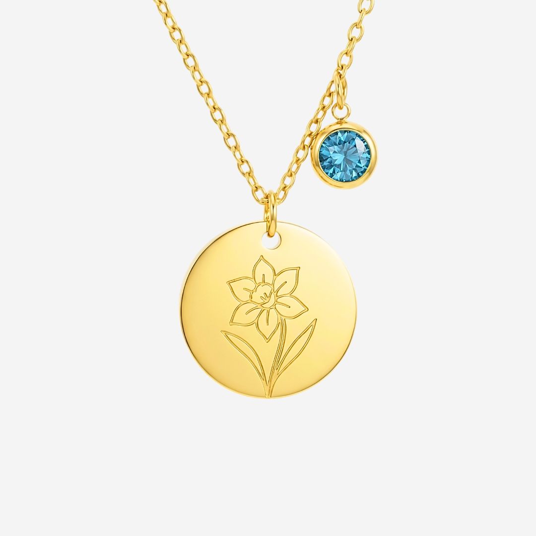 March Birth Flower with Birth Stone Engravable Pendant Chain Necklace