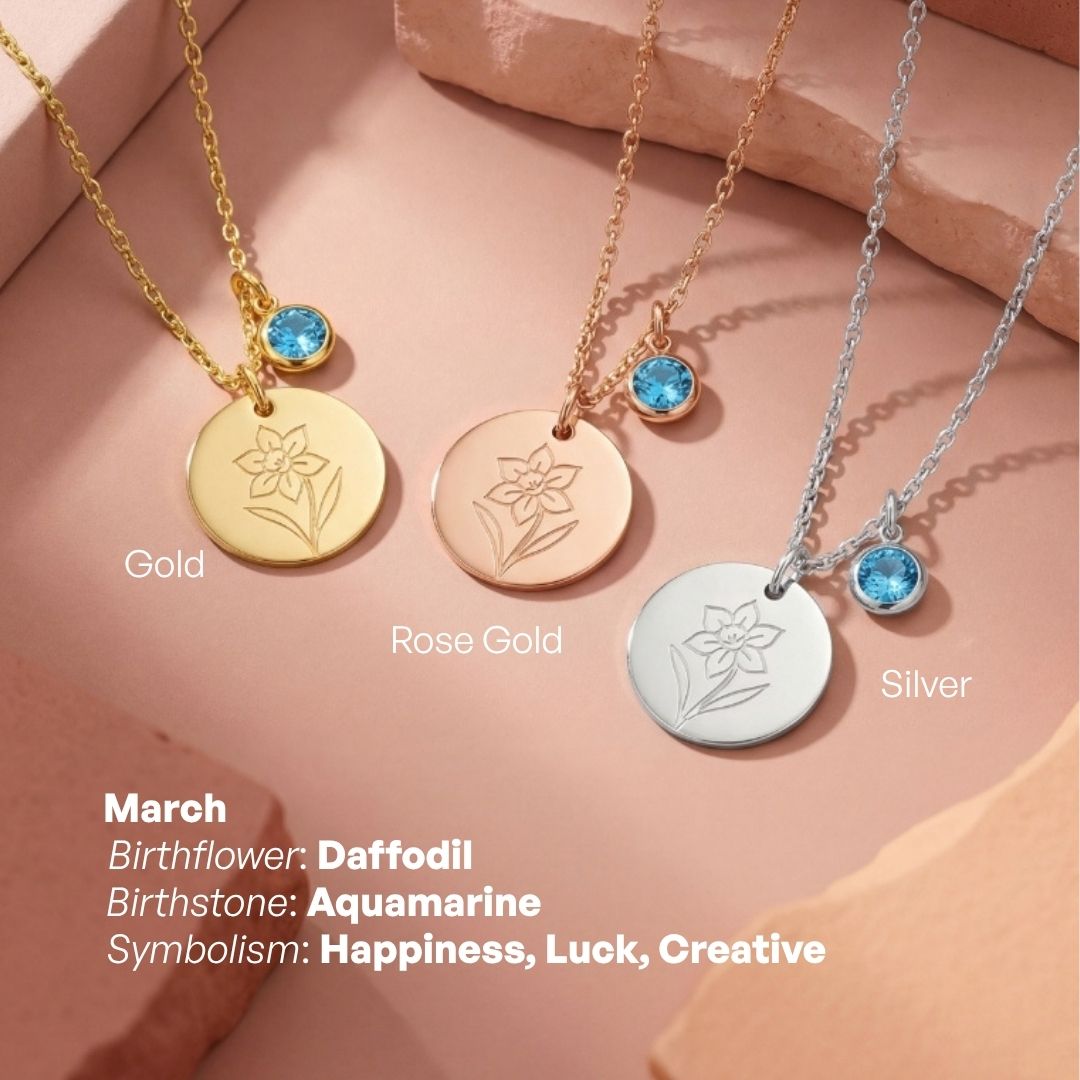 Birth Month Flower and Birth Stone Engravable Pendant Chain Necklace