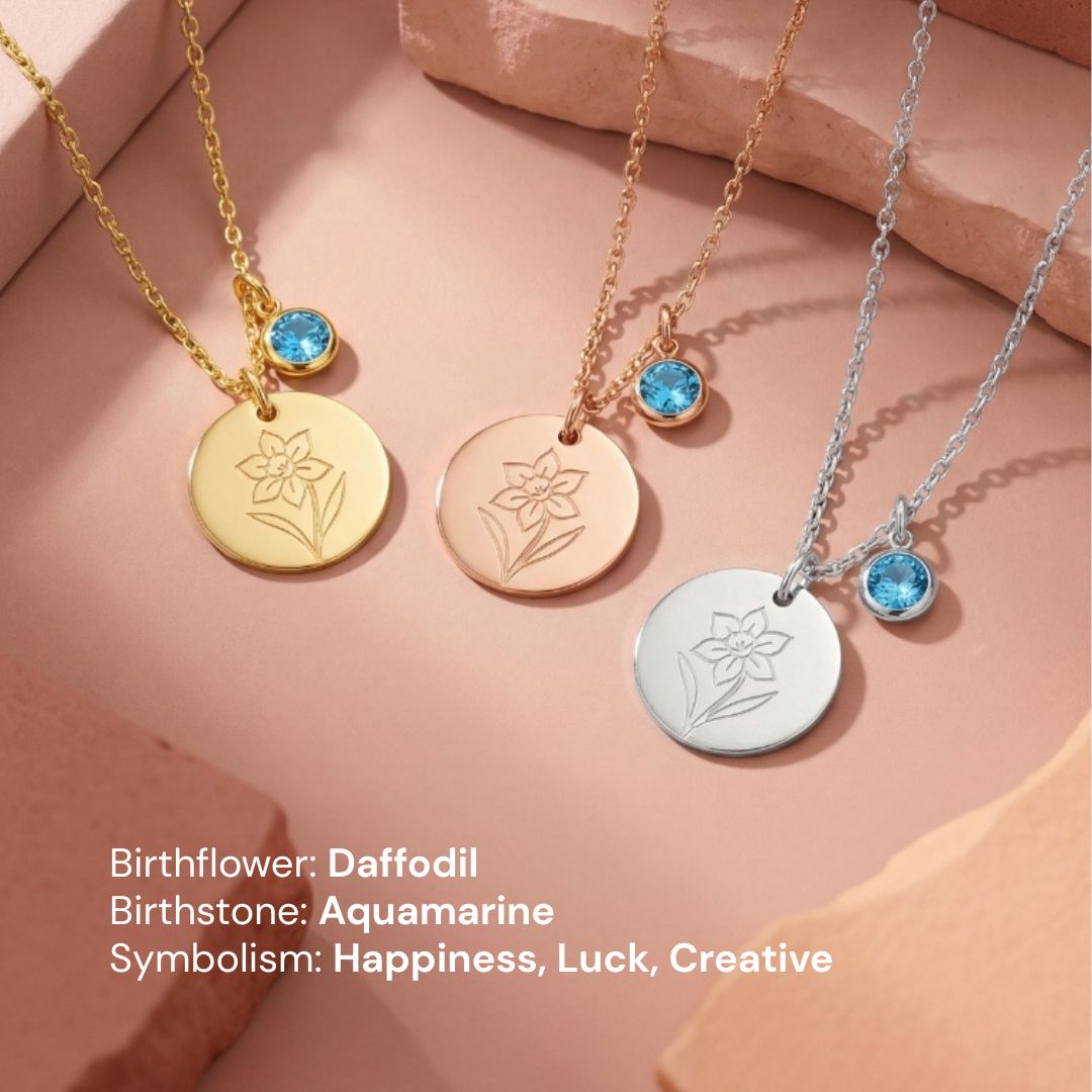 March Birth Flower with Birth Stone Engravable Pendant Chain Necklace