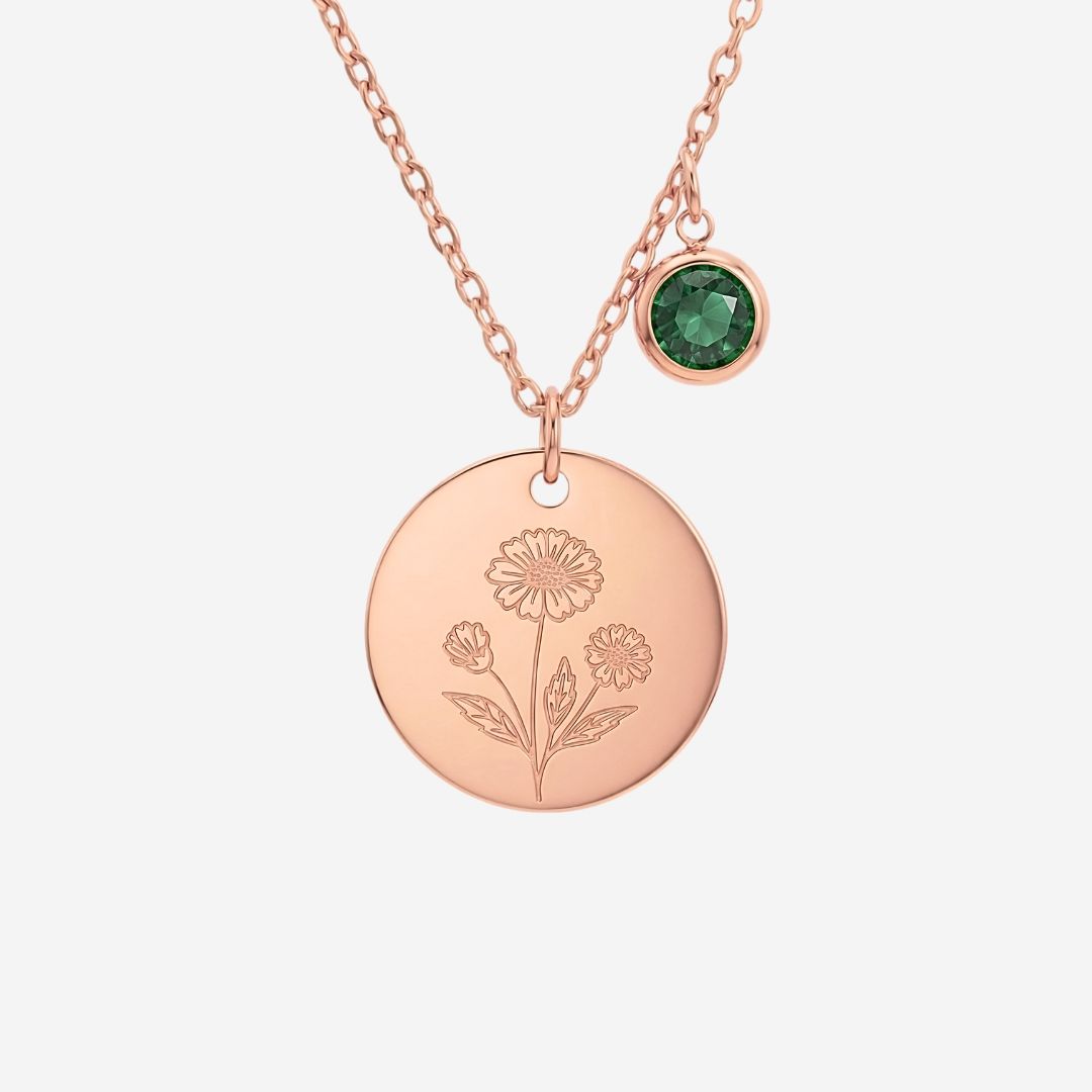 May Birth Flower with Birth Stone Engravable Pendant Chain Necklace
