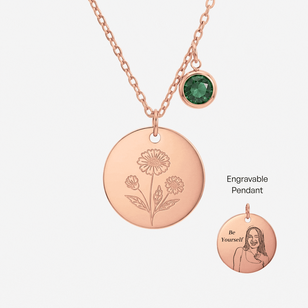 May Birth Flower with Birth Stone Engravable Pendant Chain Necklace