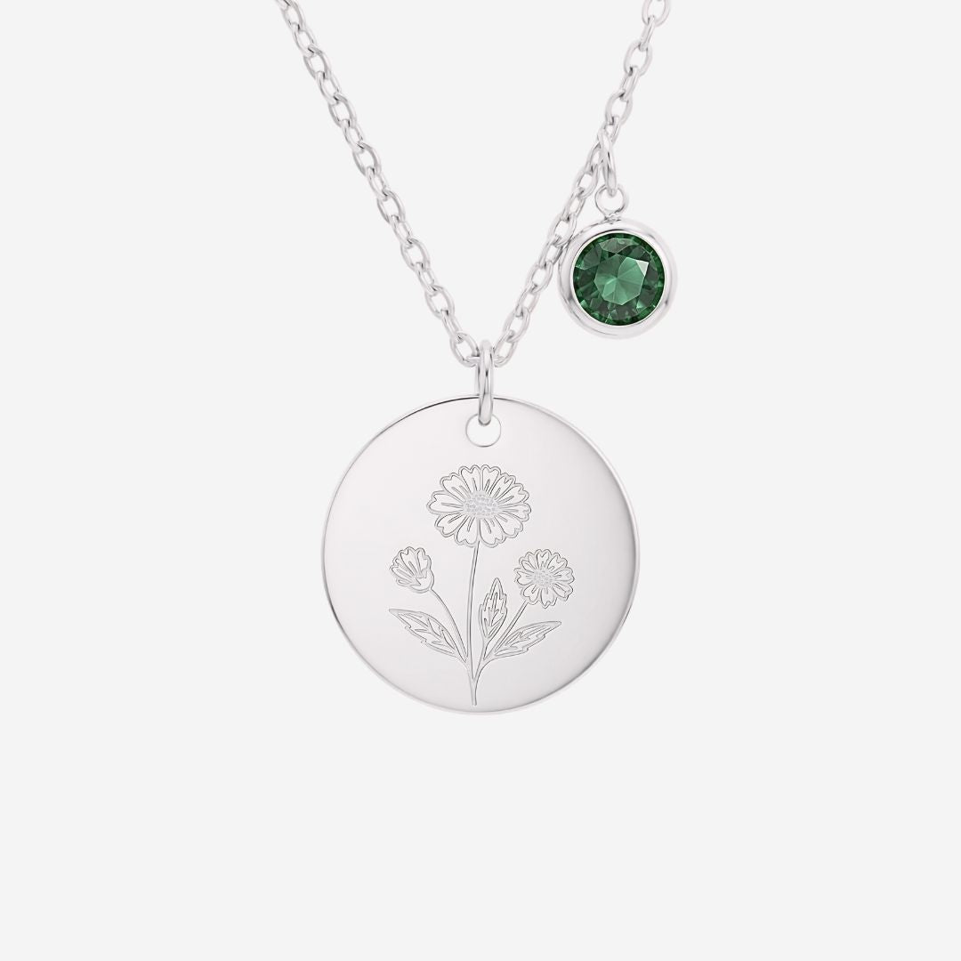 May Birth Flower with Birth Stone Engravable Pendant Chain Necklace