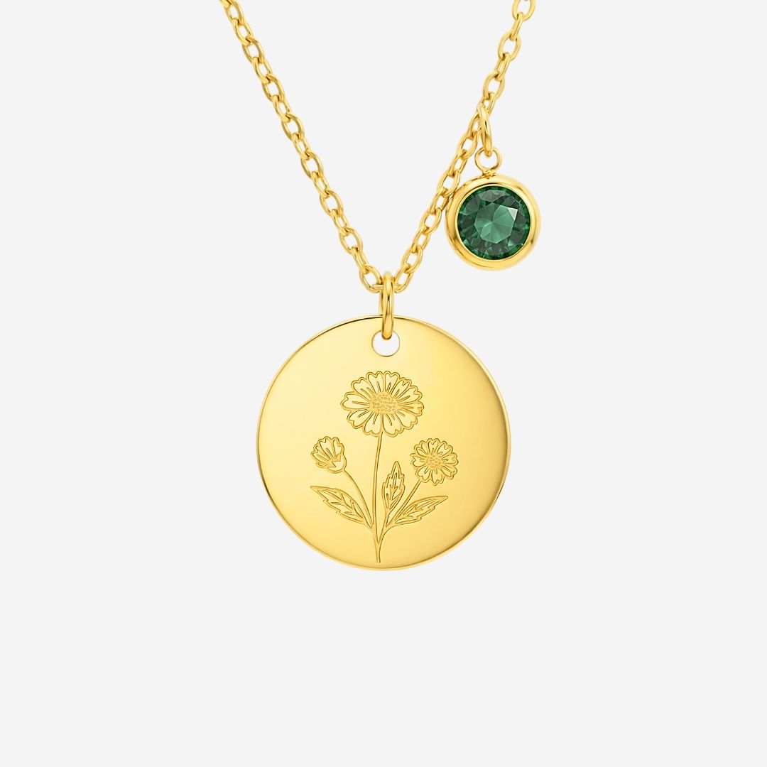 May Birth Flower with Birth Stone Engravable Pendant Chain Necklace