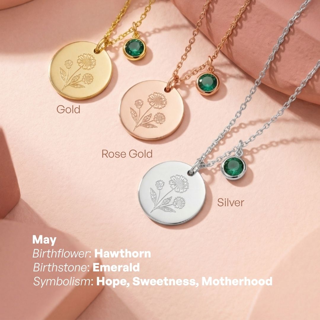 Birth Month Flower and Birth Stone Engravable Pendant Chain Necklace