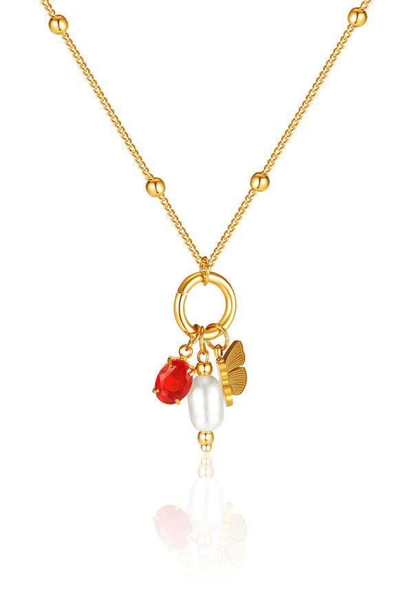 Bethany Butterfly with Red Zirconia & Baroque Pearl Dotted Chain Necklace in Gold