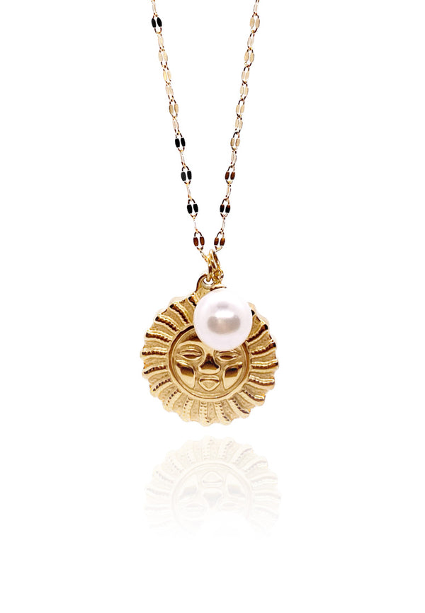 Lucy Sun Pendant with Pearl Drop Chain Necklace in Gold