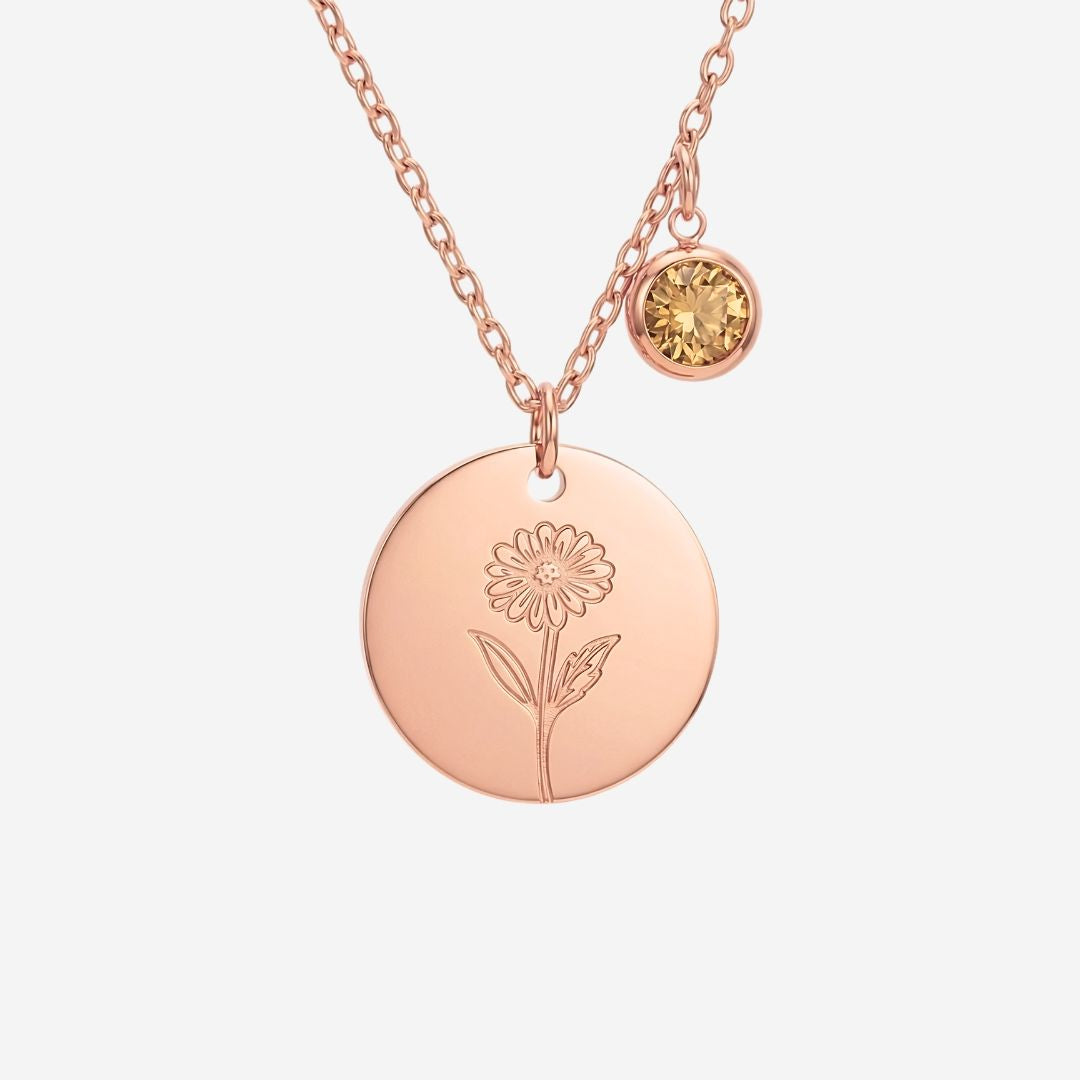 November Birth Flower with Birth Stone Engravable Pendant Chain Necklace
