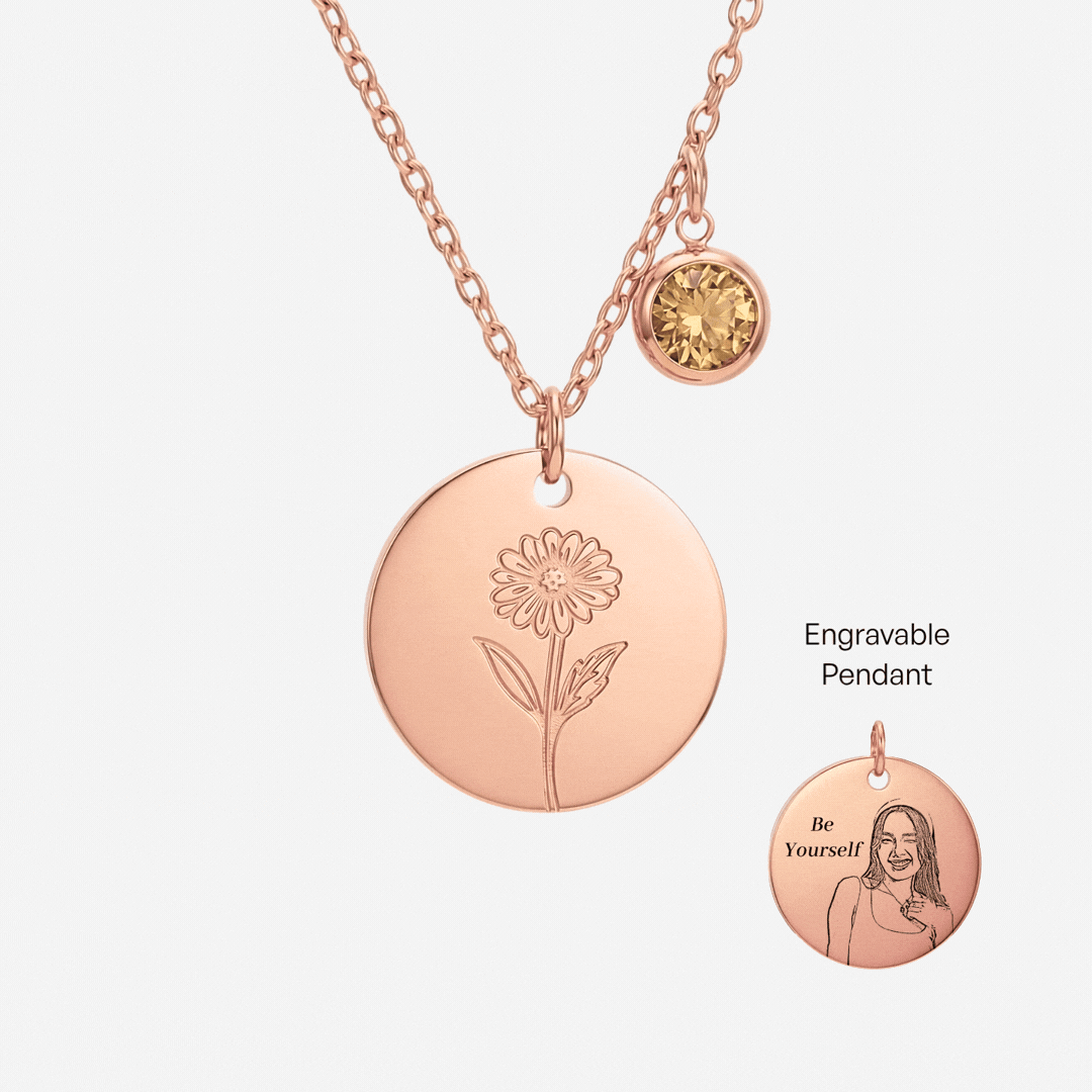 November Birth Flower with Birth Stone Engravable Pendant Chain Necklace