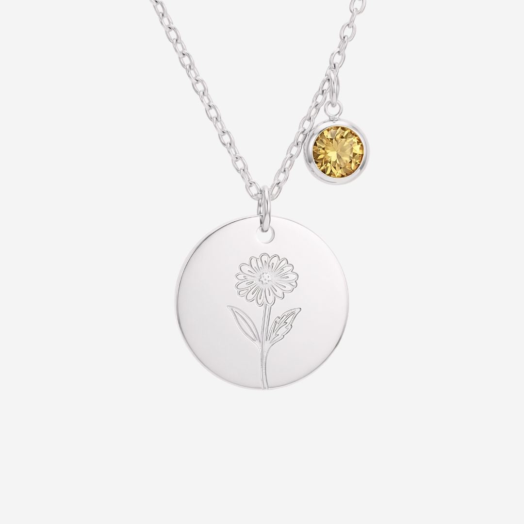 November Birth Flower with Birth Stone Engravable Pendant Chain Necklace
