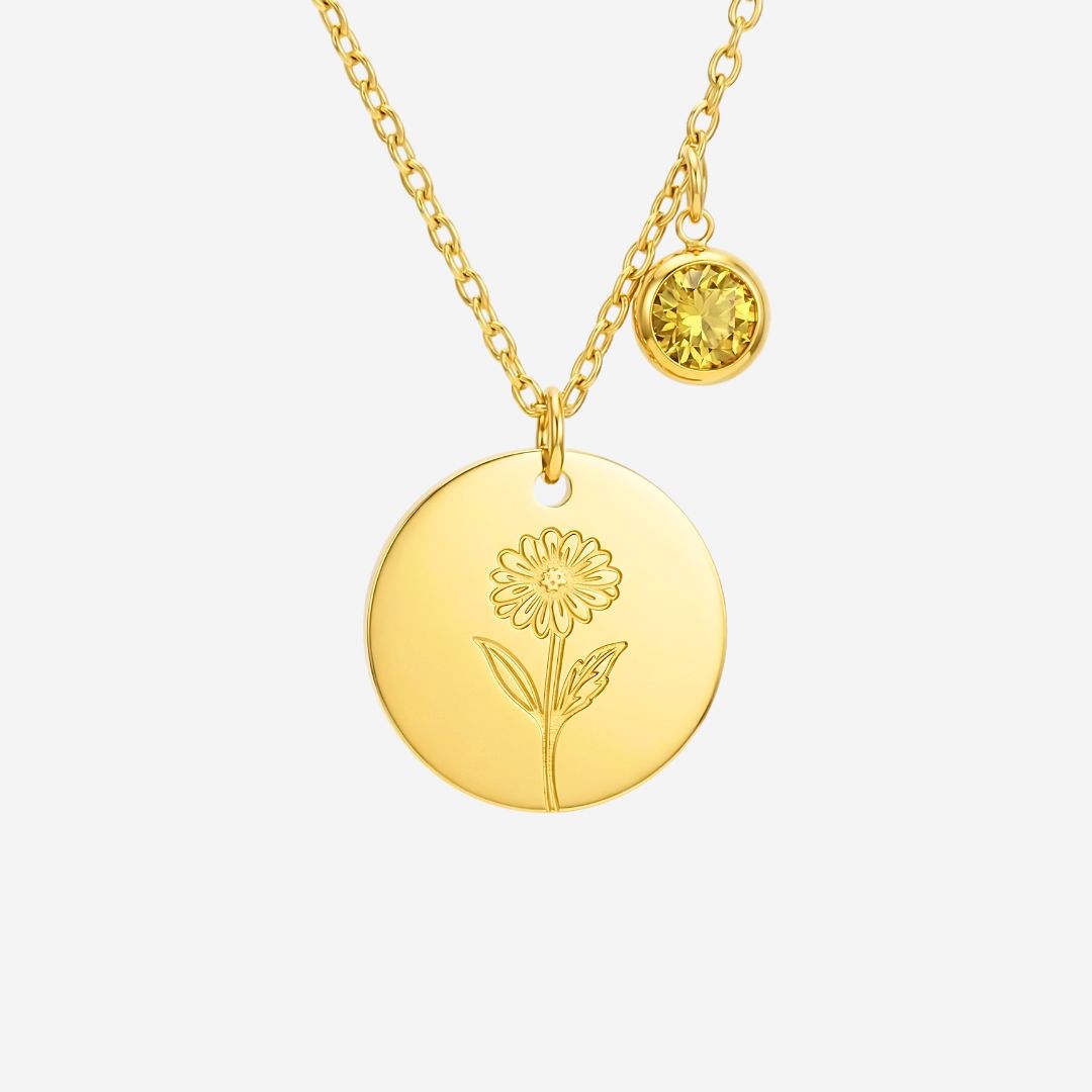 November Birth Flower with Birth Stone Engravable Pendant Chain Necklace