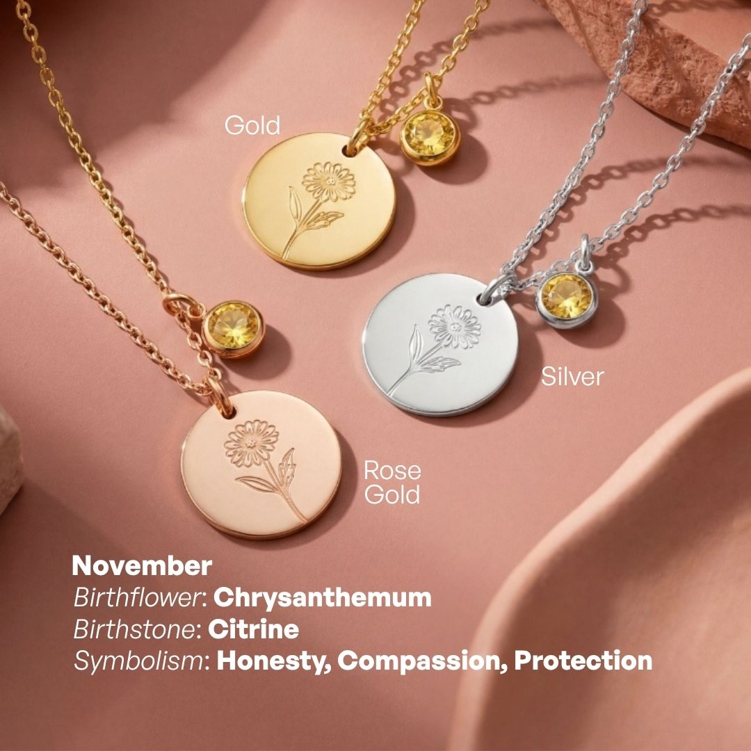 Birth Month Flower and Birth Stone Engravable Pendant Chain Necklace