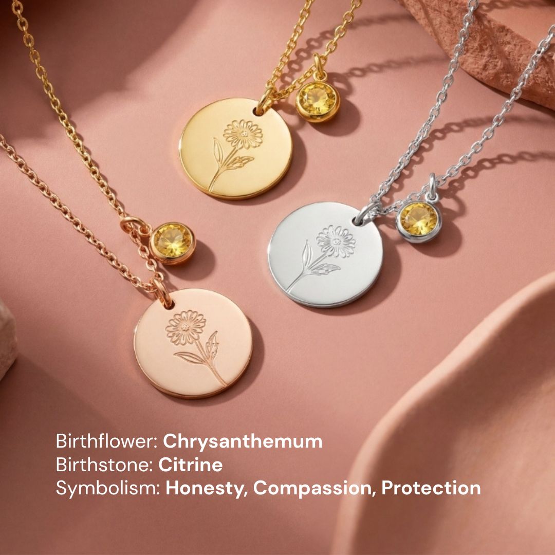 November Birth Flower with Birth Stone Engravable Pendant Chain Necklace