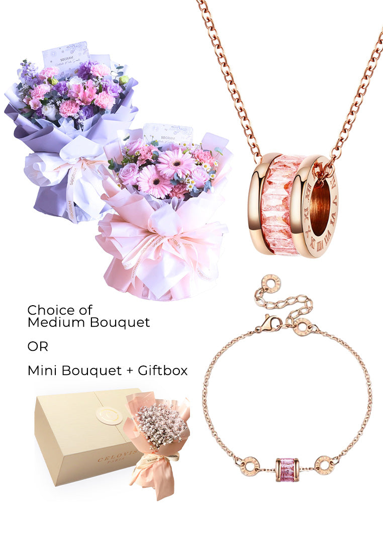 Just for Mom Necklace with Bracelet Gift + Flower Bouquet Bundle