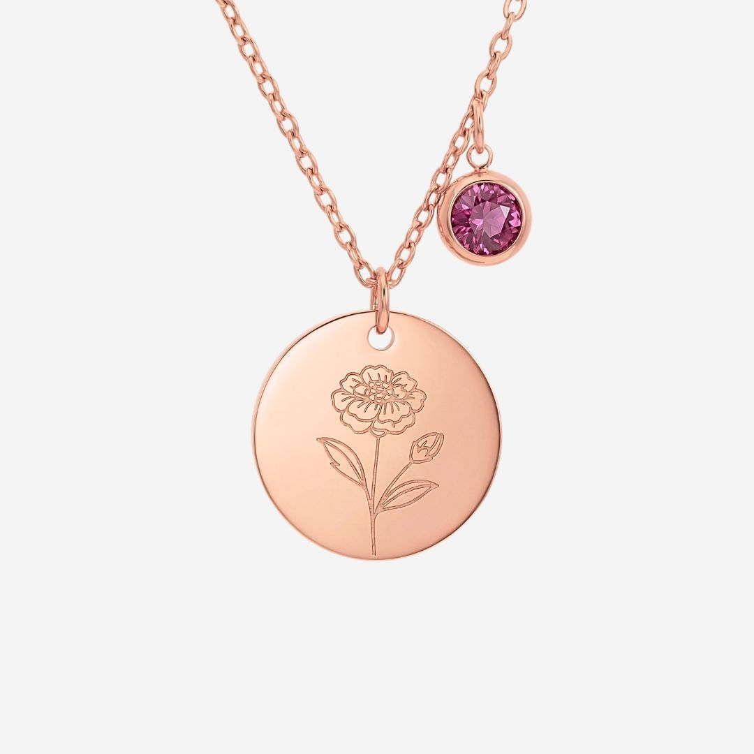 October Birth Flower with Birth Stone Engravable Pendant Chain Necklace