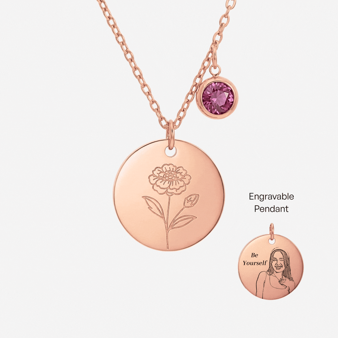 October Birth Flower with Birth Stone Engravable Pendant Chain Necklace