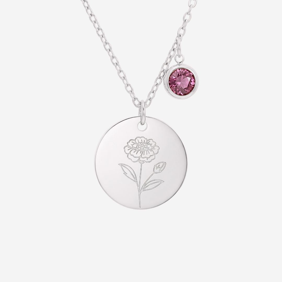 October Birth Flower with Birth Stone Engravable Pendant Chain Necklace