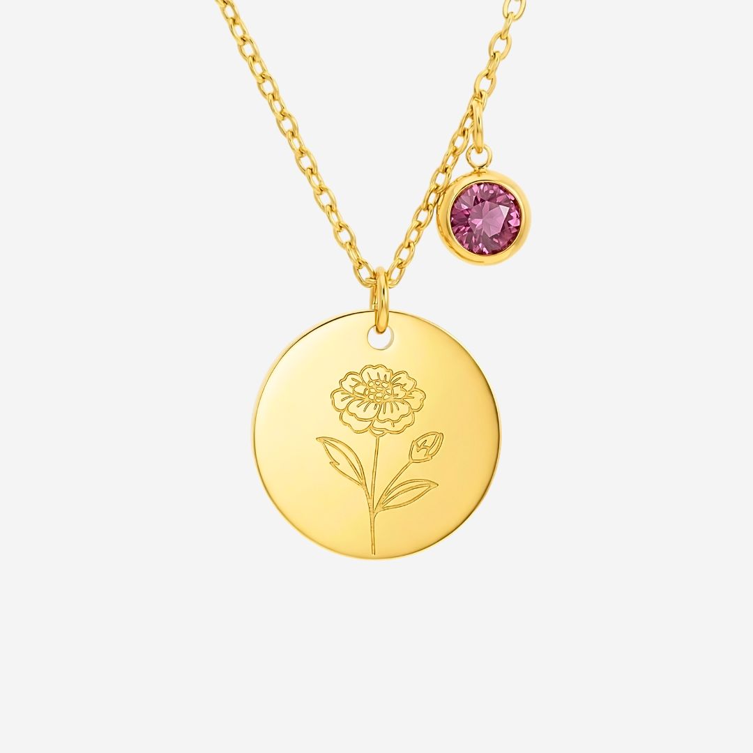 October Birth Flower with Birth Stone Engravable Pendant Chain Necklace