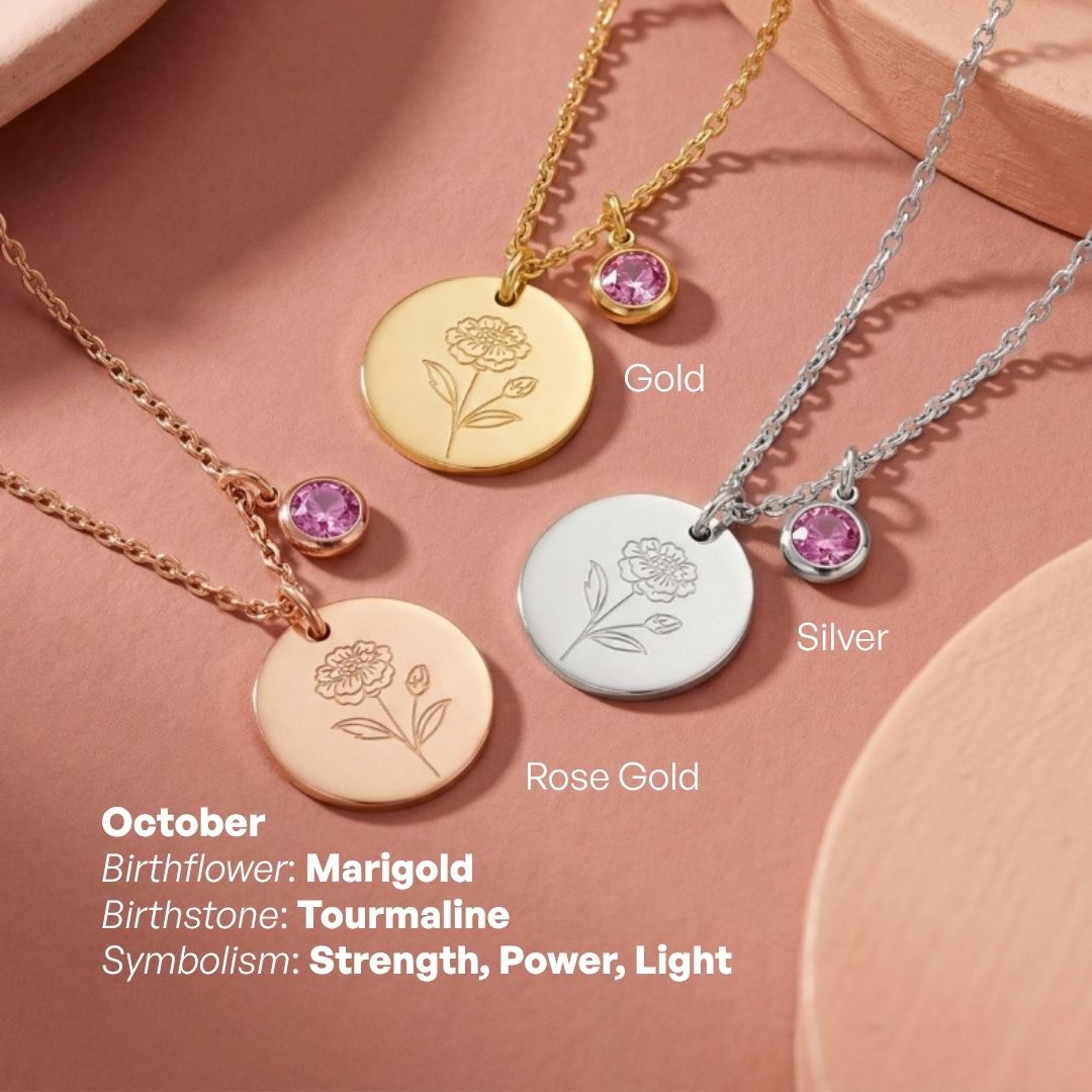 Birth Month Flower and Birth Stone Engravable Pendant Chain Necklace