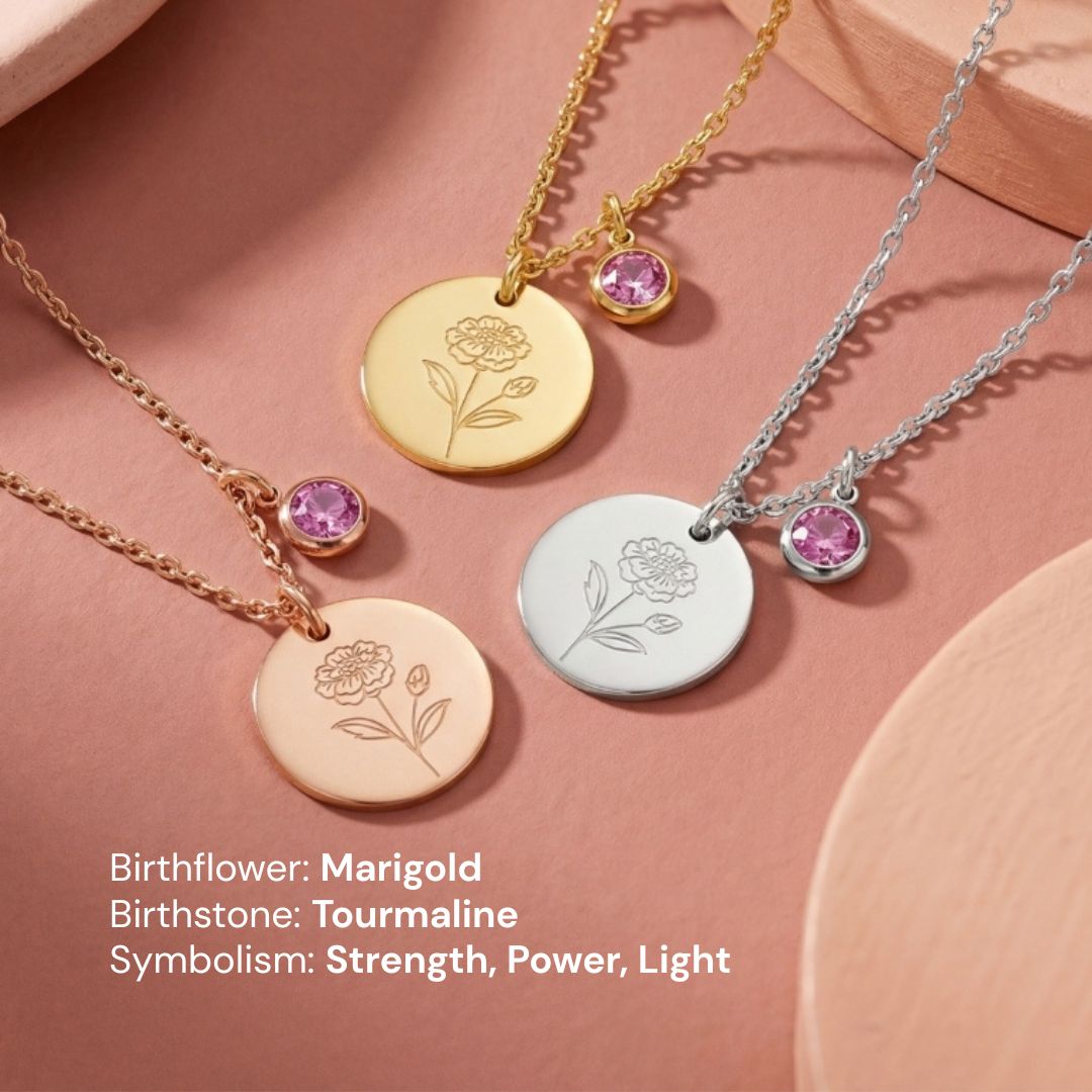 October Birth Flower with Birth Stone Engravable Pendant Chain Necklace