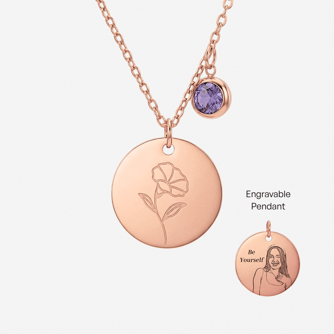 September Birth Flower with Birth Stone Engravable Pendant Chain Necklace
