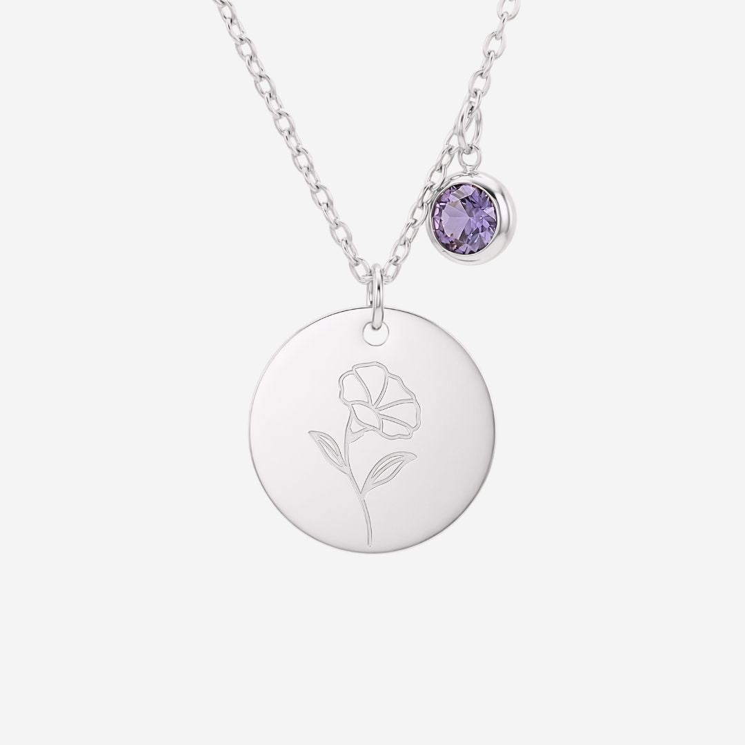 September Birth Flower with Birth Stone Engravable Pendant Chain Necklace
