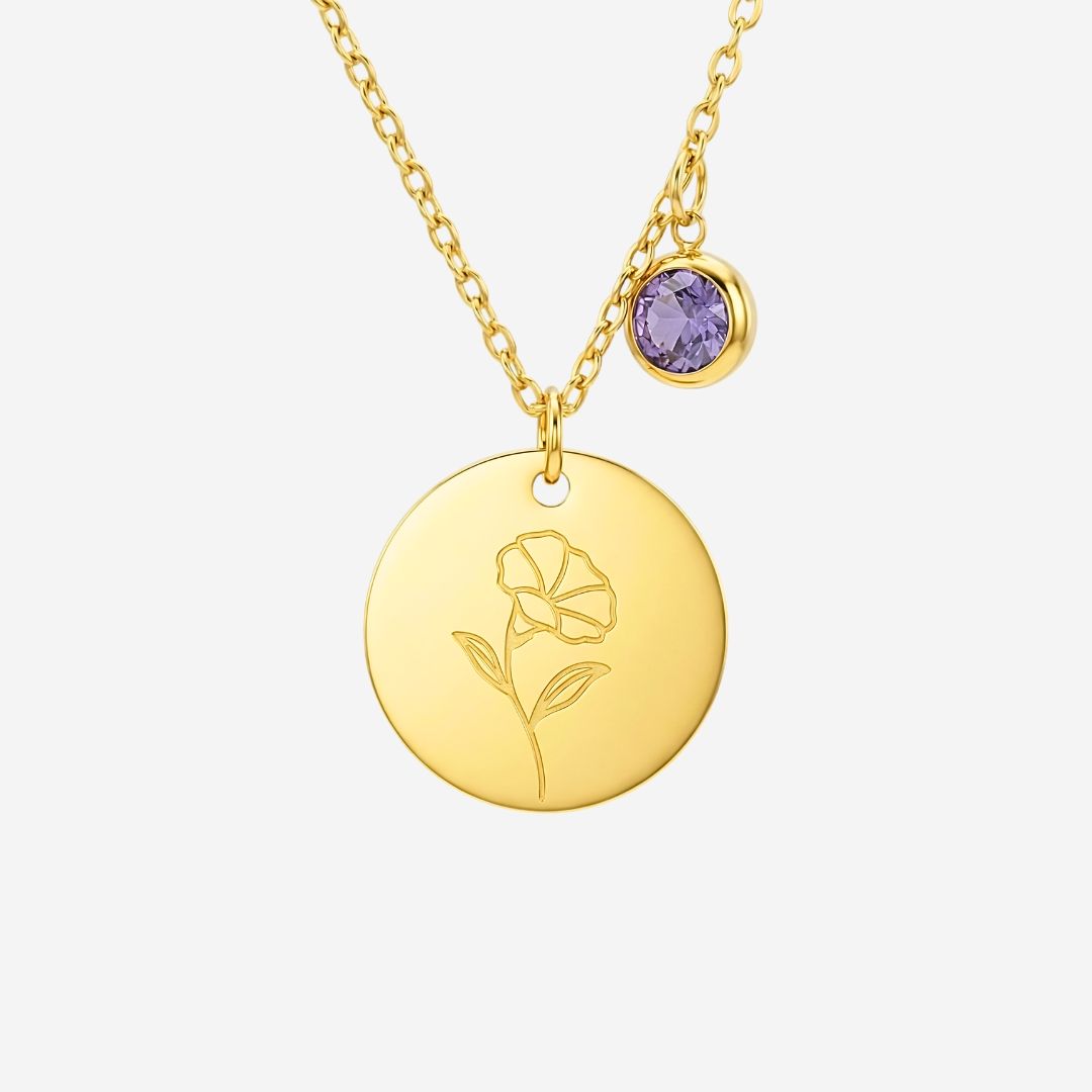 September Birth Flower with Birth Stone Engravable Pendant Chain Necklace