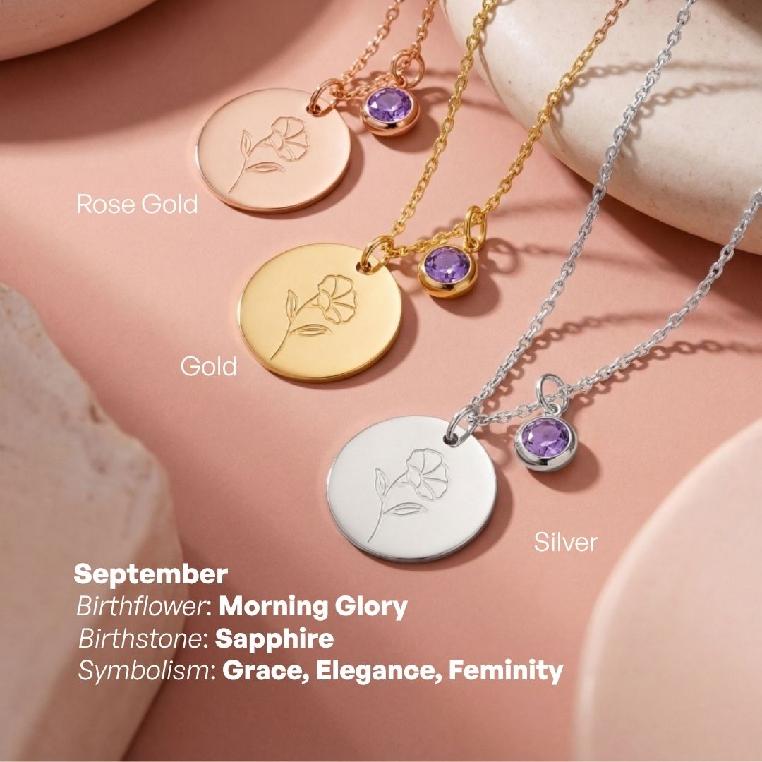 Birth Month Flower and Birth Stone Engravable Pendant Chain Necklace