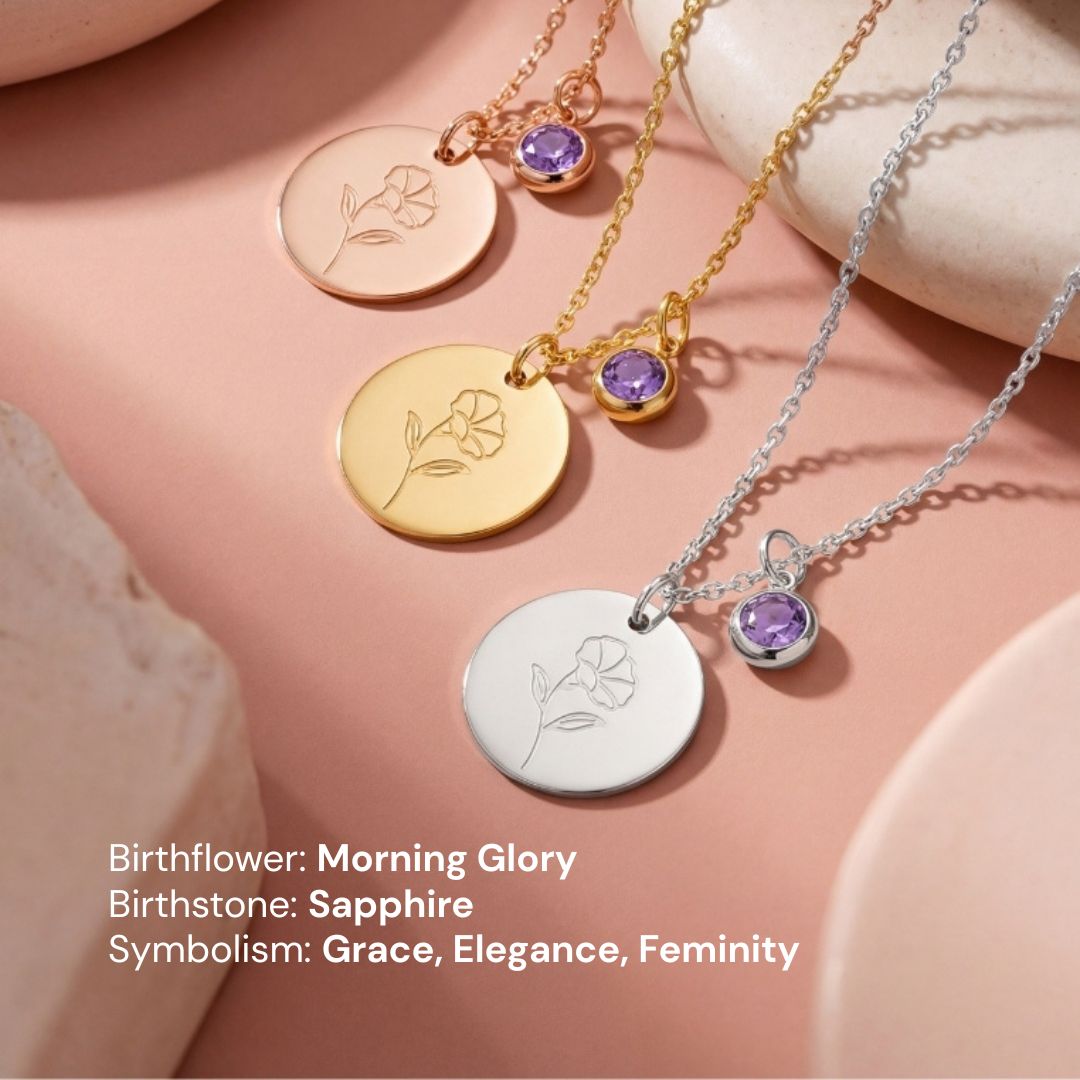 September Birth Flower with Birth Stone Engravable Pendant Chain Necklace