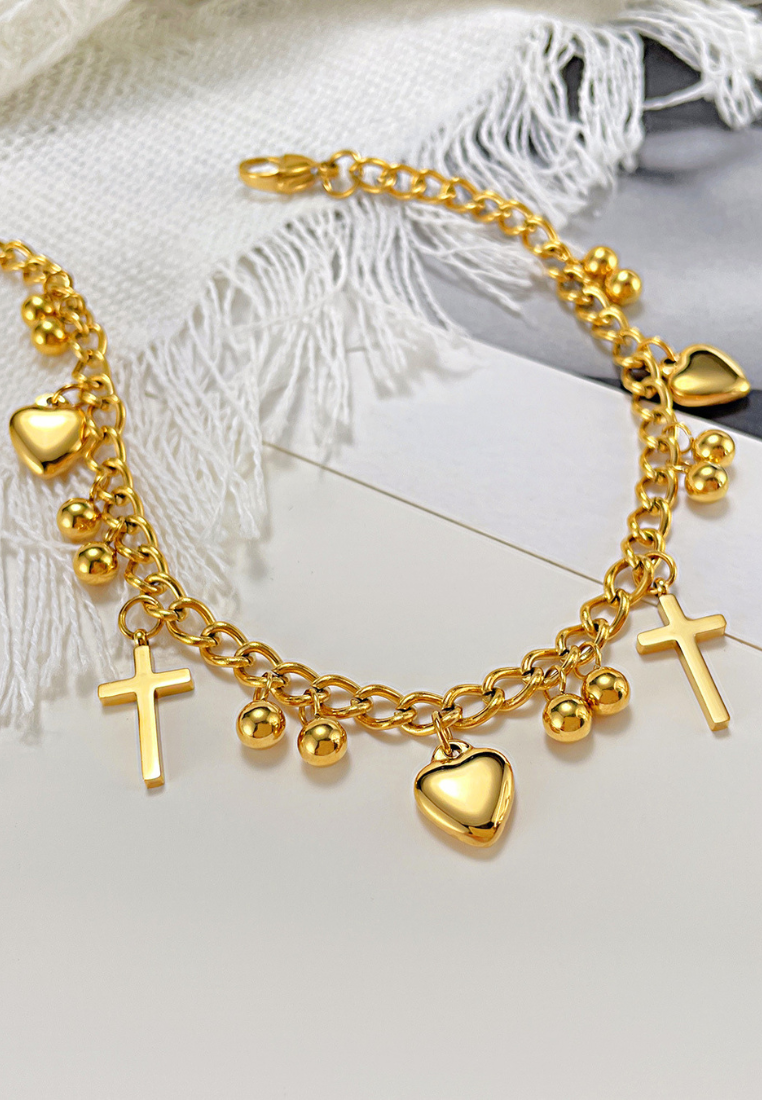 Lucy Love Heart & Cross Engravable Multi-Layer Pendant  Gold Chain Anklet