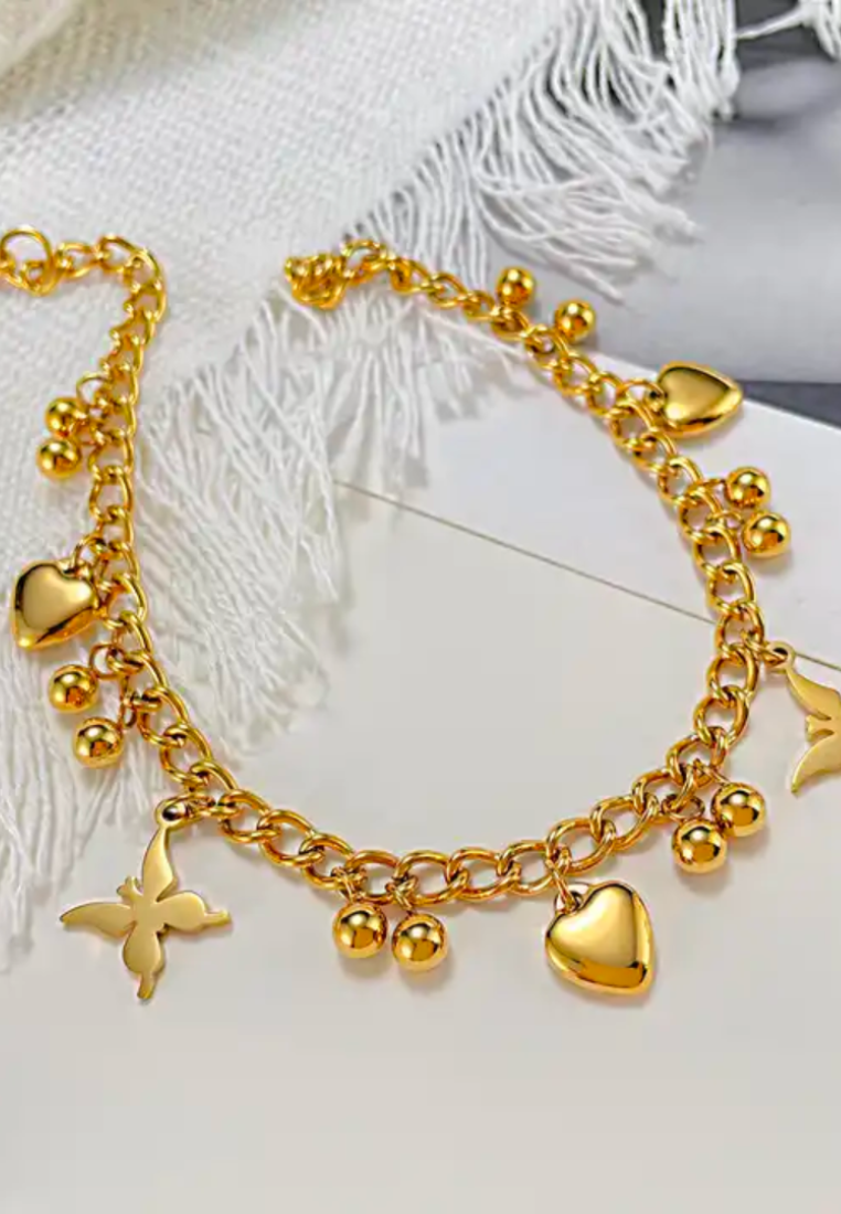 Regina Love Heart & Butterfly Engravable Pendant  Gold Chain Anklet