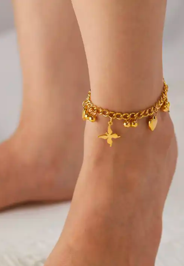 Regina Love Heart & Butterfly Engravable Pendant Titanium Gold Chain Anklet