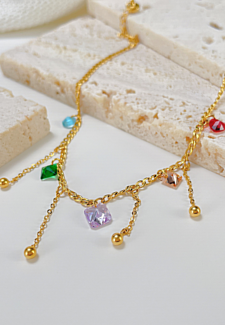 Dreamy Colorful Cubic Zirconia with Drop Chain Anklet in Gold