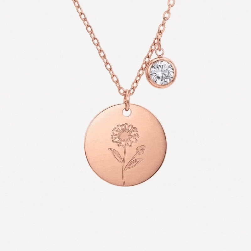 Birth Month Flower and Birth Stone Engravable Pendant Chain Necklace