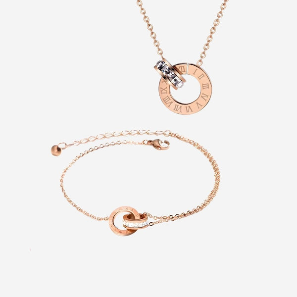 Athena Classic Interlocking Roman Numeral Necklace with Bracelet Gift Bundle in Rose Gold