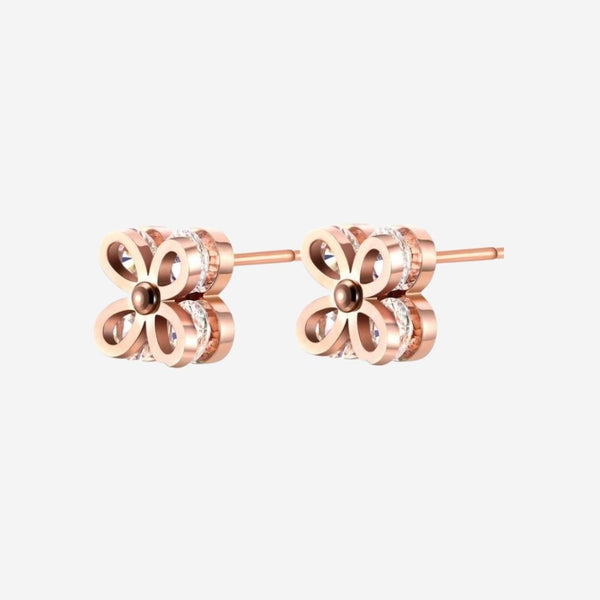 Cleo Dainty Four Leaf Clover with Cubic Zirconia Petal Flower Stud Earrings in Rose Gold